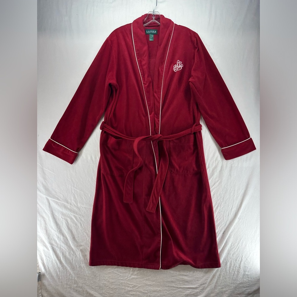 LAUREN Ralph Lauren Red Fleece Robe Monogram Belted Pockets Soft LRL Size S